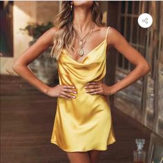 “Satin” Like Material In Beautiful Yellow Color. Cowl Neck And Adjustable Straps. Mini Dress Length. Size Small, Never Worn. Yellow Satin Dress, Yellow Satin, Mini Cami Dress, Spaghetti Strap Mini Dress, Slip Dresses, Mini Robes, Backless Mini Dress, Sling Dress, Mini Dresses For Women