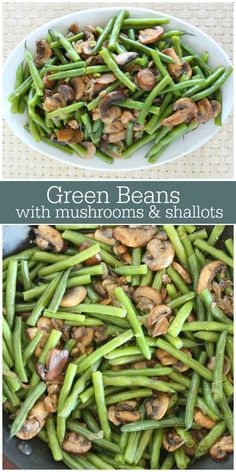 green beans with mushrooms and shallots in a skillet on the stove top, before and after cooking