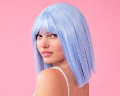 "✨Wiggin Out: we hope you're ready to have fun, because our blue pastel wig guarantees the absolute best night ever! ✨Straight + Short: this wig hits right above the shoulder, measures 12\" long, features a blunt straight across bang and is perfectly styled in the chicest bob you and your Dyson were never able to achieve ;) ✨Icy Blue: this is the perfect muted, pastel blue wig - it will take any outfit to the next level. ✨Party Ready: whether you're celebrating your bff's bachelorette party, you Wig Bachelorette Party, Wig Bachelorette, Birthday Party Blue, Pastel Wig, Straight Across Bangs, Chin Length, Fun Friday, Blue Wig, Straight Bangs