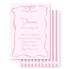 a pink and white striped card with the words dawn on it