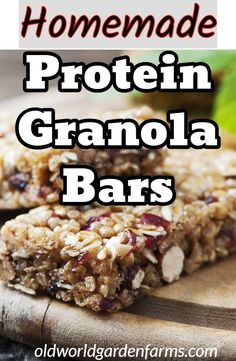 homemade protein granola bars on a cutting board with text overlay that reads, homemade protein