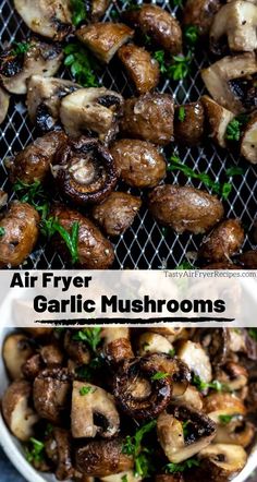 air fryer garlic mushrooms with parsley on top