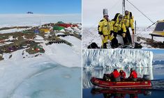 there are three pictures with people in the snow and one is on an ice boat