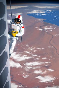 an astronaut hanging from the side of a space station in outer space, with earth in the background