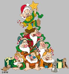 a group of cartoon characters sitting on top of a christmas tree