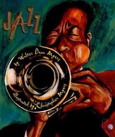 a painting of a man holding a trumpet in his right hand with the words jazz written on it