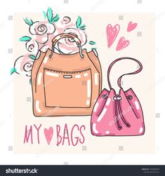 two handbags with flowers and hearts in the background on a white background, there is a