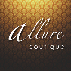 the logo for allure boutique is shown in white and gold colors on a brown background