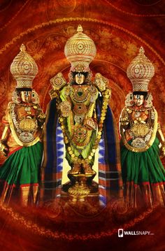 three deities standing next to each other in front of a red and gold background,