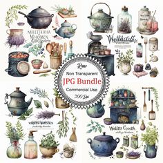 a collection of watercolor pots, pans and other items