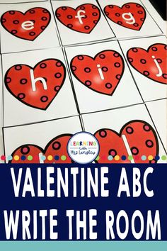 valentine abc write the room game with hearts on it and text overlay that says valentine abc write the room