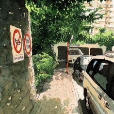 a painting of cars parked on the side of a road next to a no parking sign