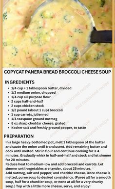 broccoli cheese soup recipe with instructions for the ingredients and how to make it