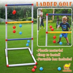 the ladder golf game has balls in it and is ready to be played on the grass