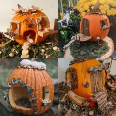 four different pumpkins decorated to look like they are made out of wood and other things