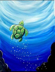 an acrylic painting of a sea turtle swimming in the blue water with bubbles