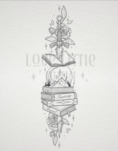 a tattoo design with books and roses on top of each other, in black ink