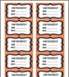 orange and black polka dot printable name tags with the words can you guess?