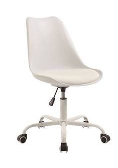 a white office chair with wheels and casteors on an isolated white background, viewed from the front