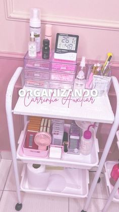 a white cart with lots of beauty products on it