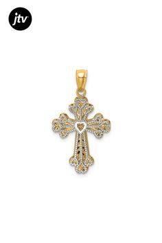 14k two-tone gold polished filigree 2 level heart cross pendant. Measures approximately 1/1"L x 9/16"W and has a 3mm bail. Gold Polish, Cross Pendant, Two Tone, Pendant, Gold