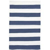 a blue and white striped beach towel on a white background with an orange stripe in the middle