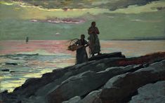 a painting of two people standing on rocks near the ocean with sailboats in the distance