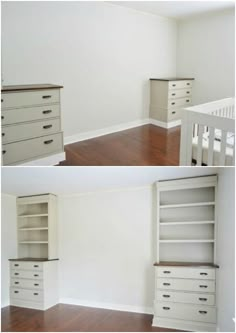 an empty room with white furniture and wood flooring is shown in two different pictures