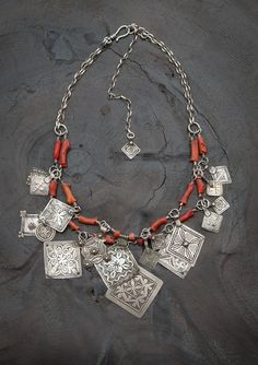 Antique silver Berber pendants and large antique Saharan coral beads with sterling silver chain. One of a kind by Angela Lovett Designs Jewelry Rings Unique, Cleaning Silver Jewelry, Fine Silver Jewelry, Silver Jewelry Design, Silver Jewelry Pendant, Coral Beads, 925 Silver Jewelry