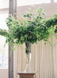 a vase filled with greenery on top of a wooden table next to a window