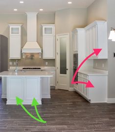 a kitchen with white cabinets and green arrows pointing to the center island in the middle