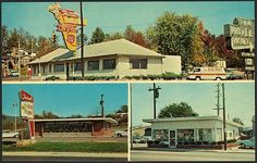 several photos of motels and cars parked in front of them on the side of the road