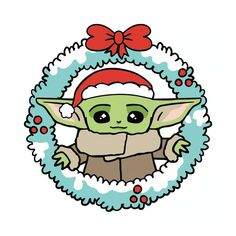 a baby yoda in a christmas wreath with a bow on it's head