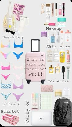 the contents of a woman's travel bag are arranged on a white background with text that reads, what to pack for vacation?