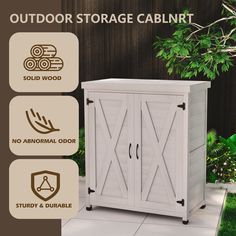 the outdoor storage cabinet is white and has three doors on each side, with instructions for how to use it