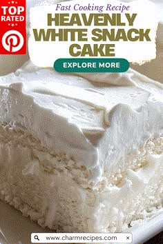 a close up of a piece of cake on a plate with the text, fast cooking recipe heavenly white snack cake explore more