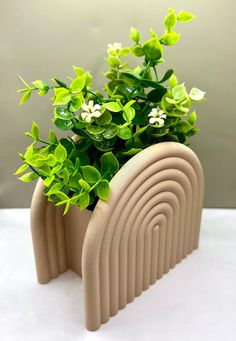 a planter that has some green plants in it