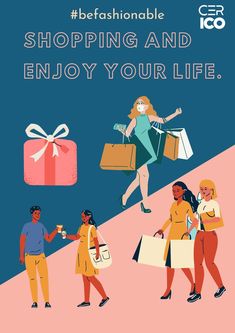 an advertisement with three women carrying shopping bags and one is holding a gift box, while the