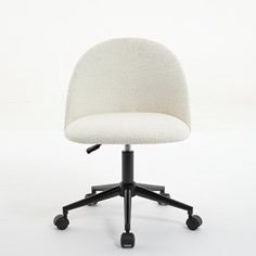 an office chair with wheels and a white upholstered fabric seat, viewed from the front