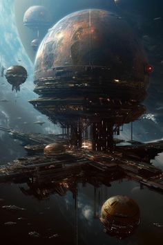 a futuristic city surrounded by space and planets