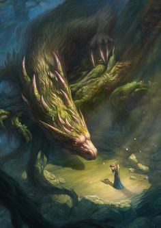 a woman standing in front of a giant green dragon