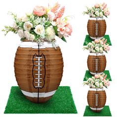 a football themed centerpiece with flowers in it