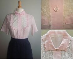 Rose Vintage, Lace Insert, 1950s Fashion, Pink Rhinestones, Pink Blouse, Pink Shirt, Pink Tops, Embroidered Flowers, Vintage 1950s