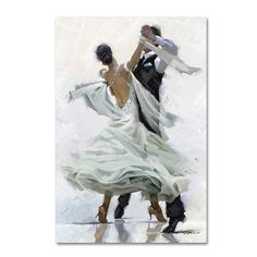 a painting of two people dressed in formal wear dancing with their arms around each other