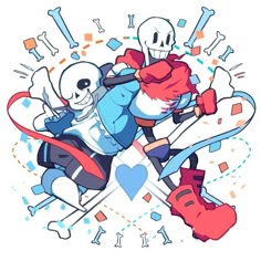 an image of two people on skis with skulls and bones in the back ground