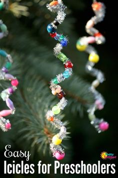 a pine tree with beads hanging from it's branches and the words icicle ornaments