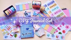 a pile of different types of paper and stickers on a table with the words, diy journal set