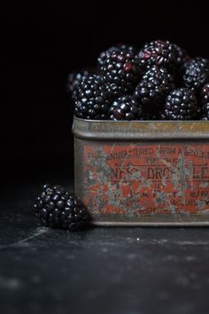 some blackberries are sitting in a metal container