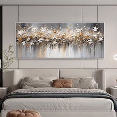 a large painting on the wall above a bed