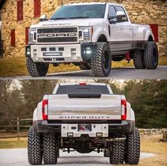 two pictures of the front and rear sides of a white ford f - 350 super duty truck